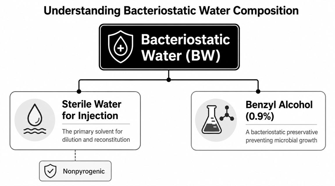 A diagram illustrating the two main components of bacteriostatic water: sterile water for injection and benzyl alcohol.