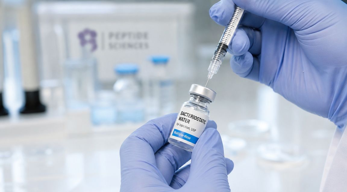A gloved hand drawing Bacteriostatic Water into a syringe from a small medical vial in a lab setting.