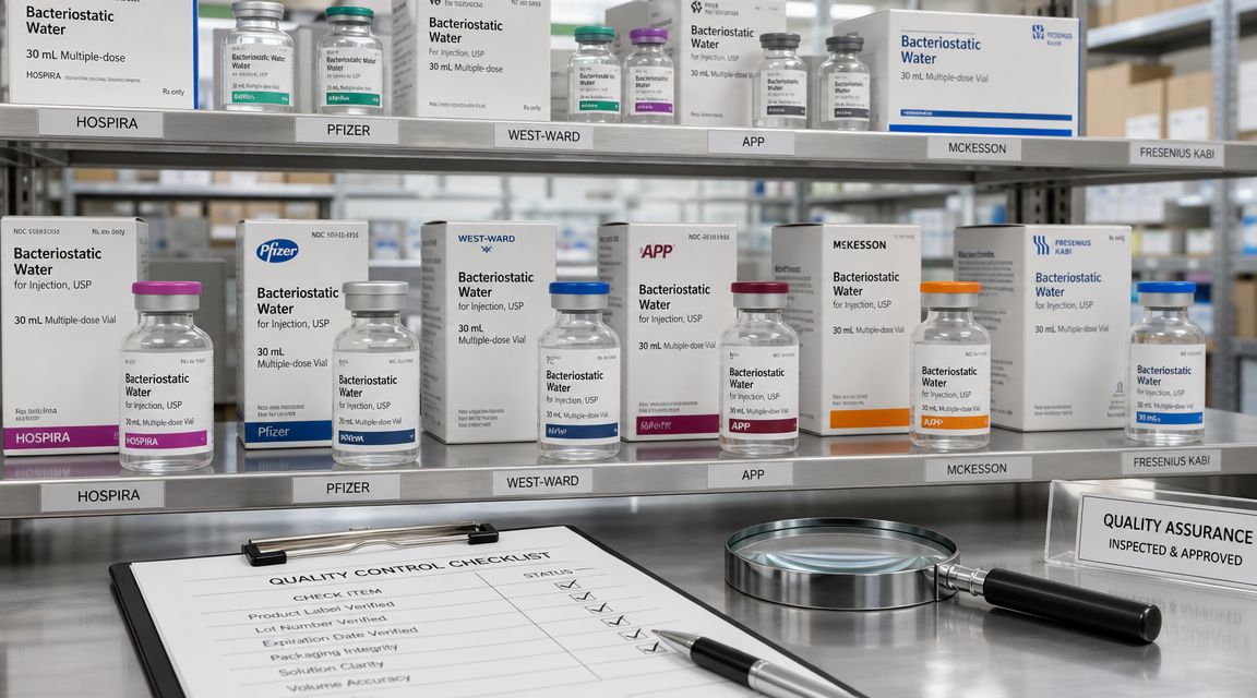 A pharmaceutical quality control check of various brands of bacteriostatic water vials on a metal shelf.