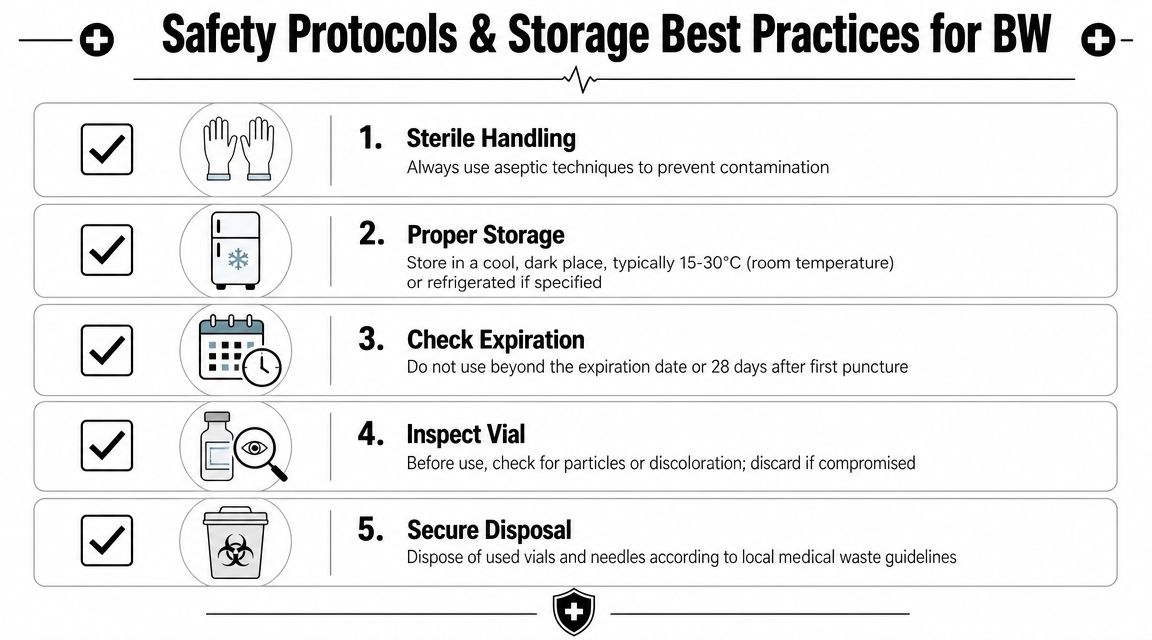 A safety infographic titled Safety Protocols and Storage Best Practices for BW, illustrating five medical guidelines.
