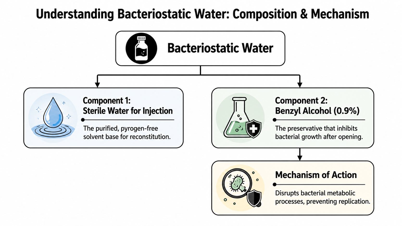 A diagram explaining that bacteriostatic water consists of sterile water and 0.9% benzyl alcohol, which inhibits bacteria.