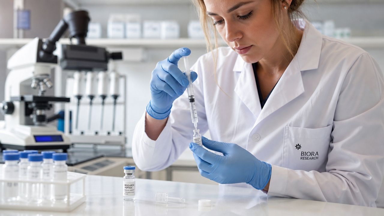 A female scientist in a laboratory holding a syringe and vial for a research experiment.