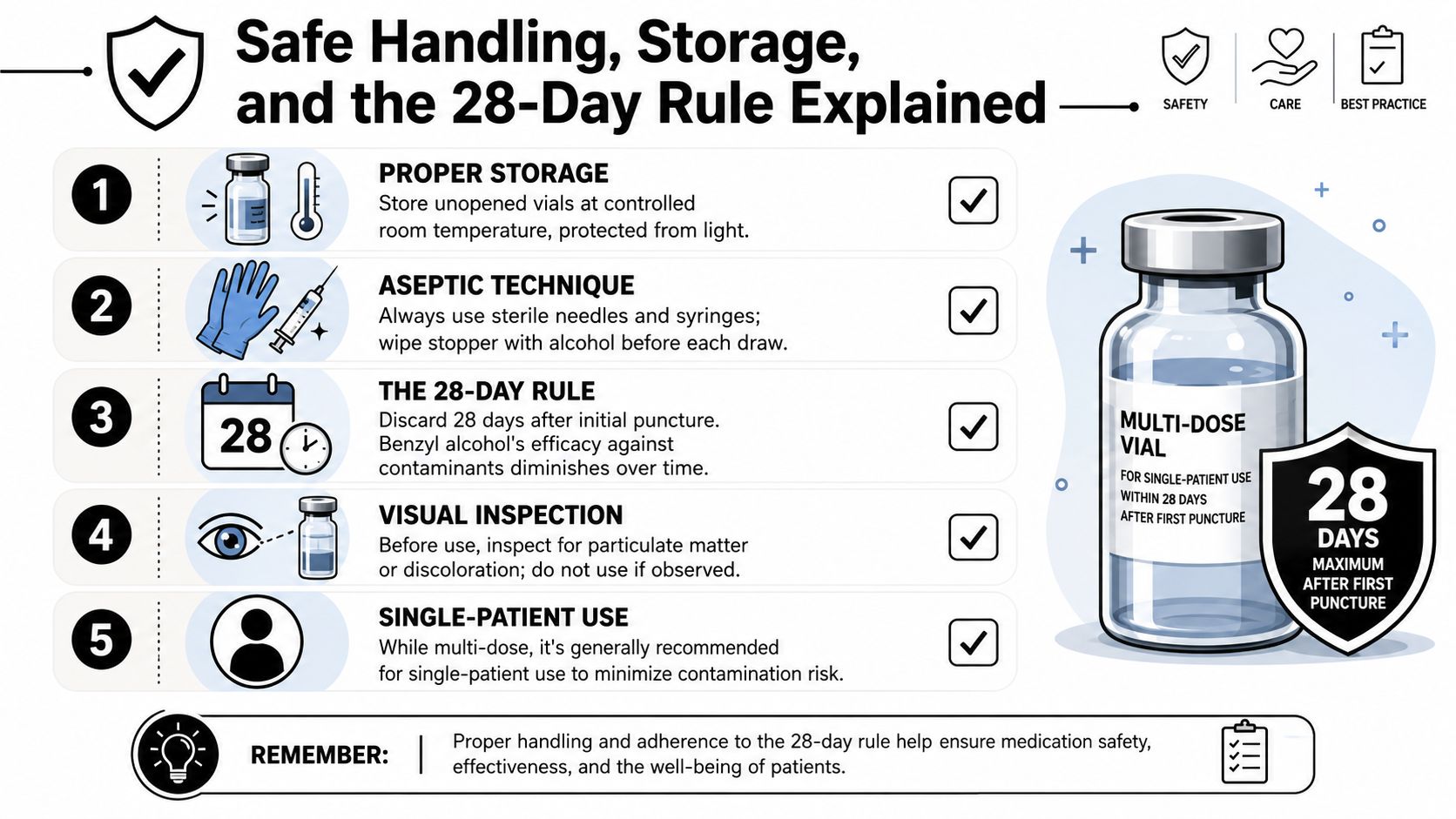 An infographic detailing safety guidelines, storage instructions, and the 28-day rule for multi-dose medication vials.