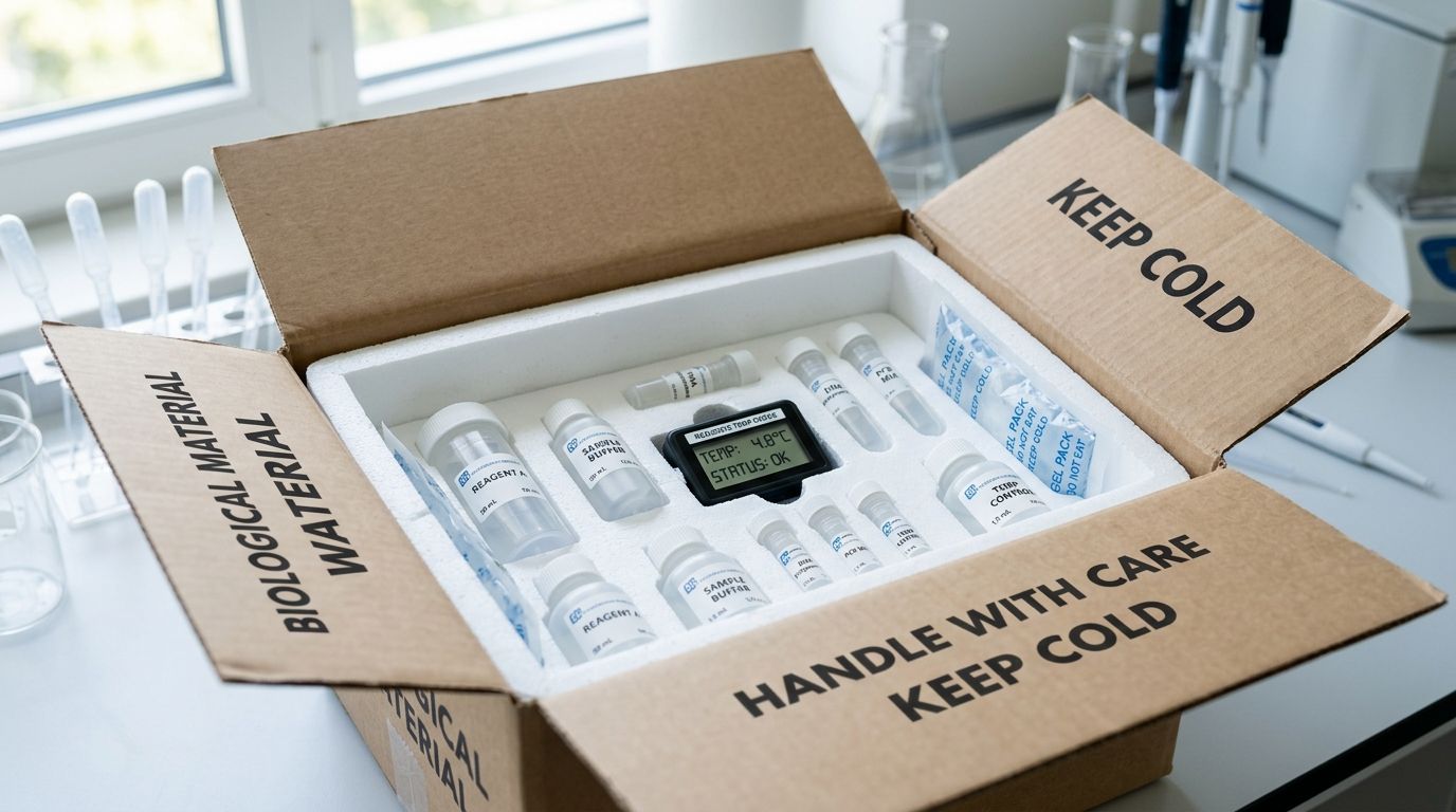 An open shipping box containing biological samples in vials with a digital temperature monitor and gel packs.