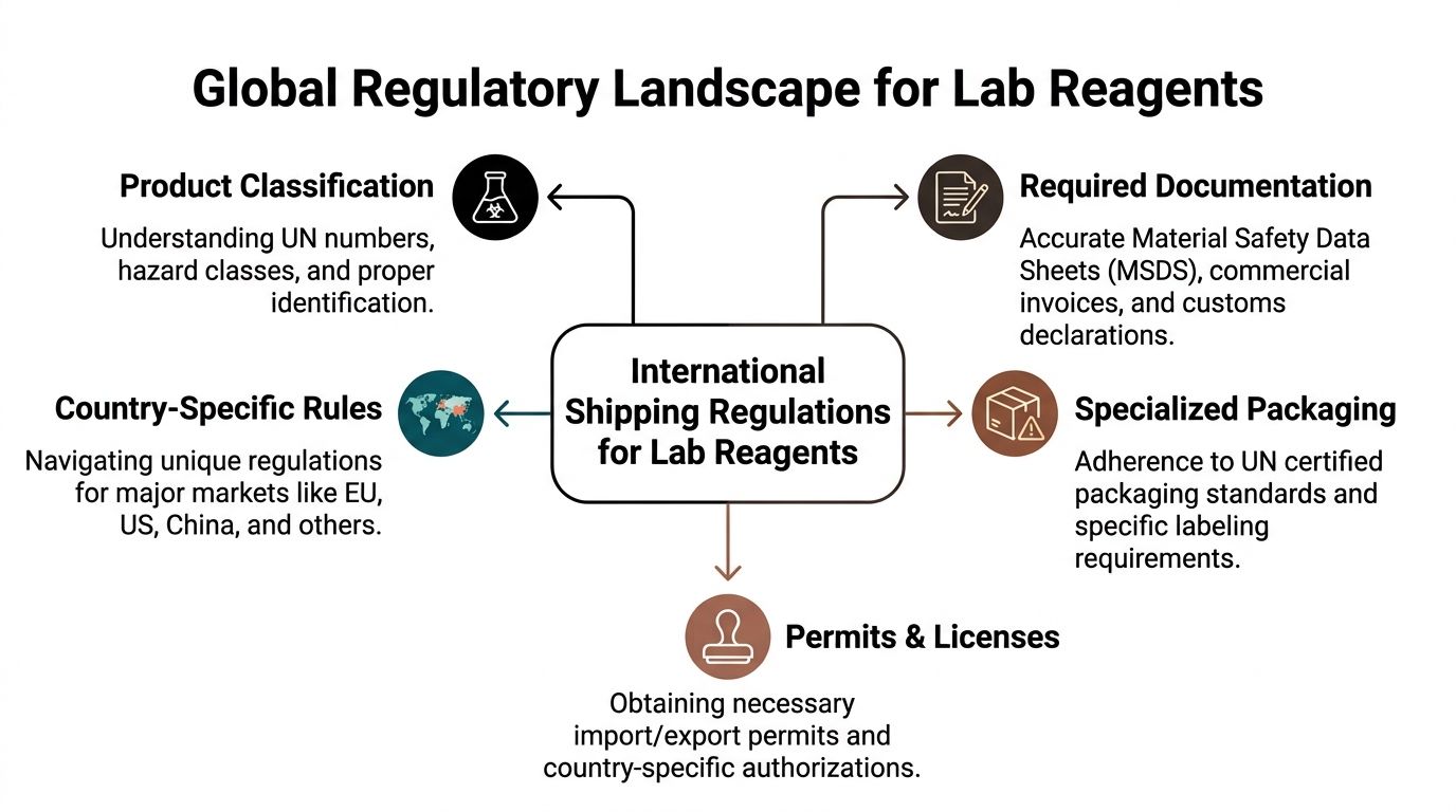A diagram outlining the global regulatory landscape and requirements for international shipping of laboratory reagents.