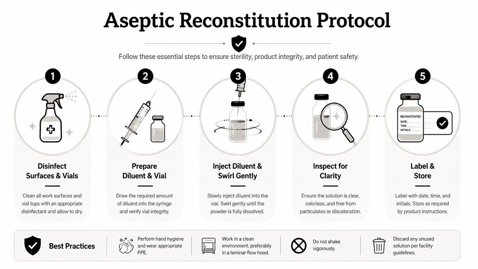 An infographic showing the five-step aseptic reconstitution protocol for safe medication preparation and sterile vial handling.