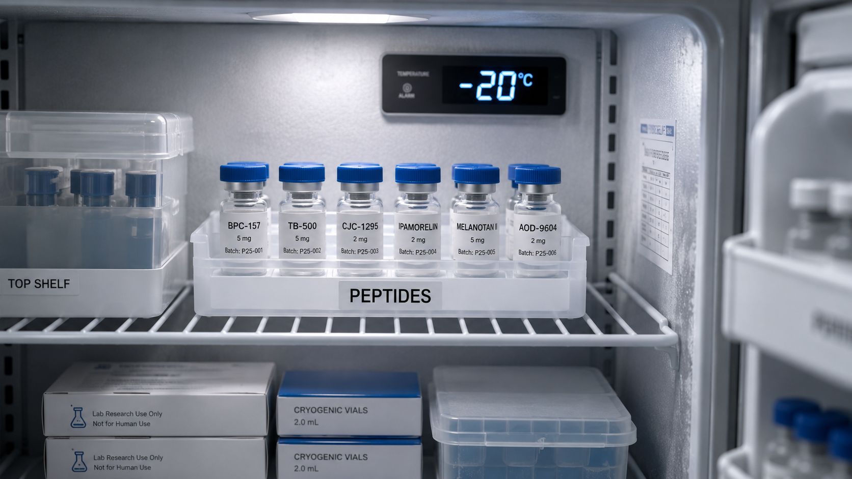 A refrigerator shelf containing vials of lab research peptides labeled with names, dosages, and batch numbers.