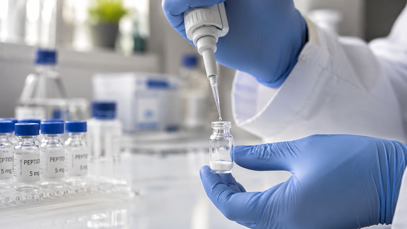 A laboratory scientist in blue gloves uses a pipette to add liquid to a peptide powder vial.