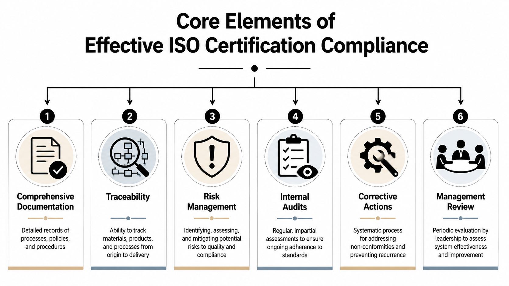 A diagram outlining the six core elements of effective ISO certification compliance, including documentation, audits, and management.