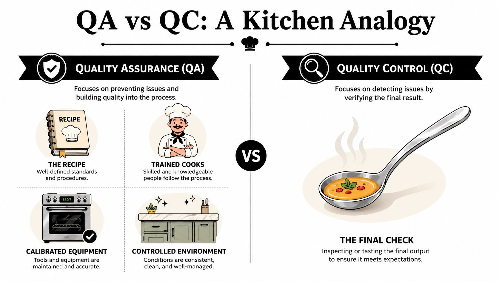 An infographic comparing quality assurance and quality control using a kitchen and cooking analogy for processes.