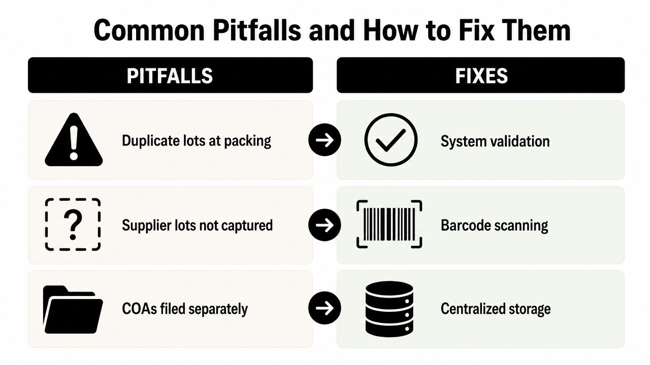 A chart showing three common lot tracking pitfalls and their corresponding software and process solutions.