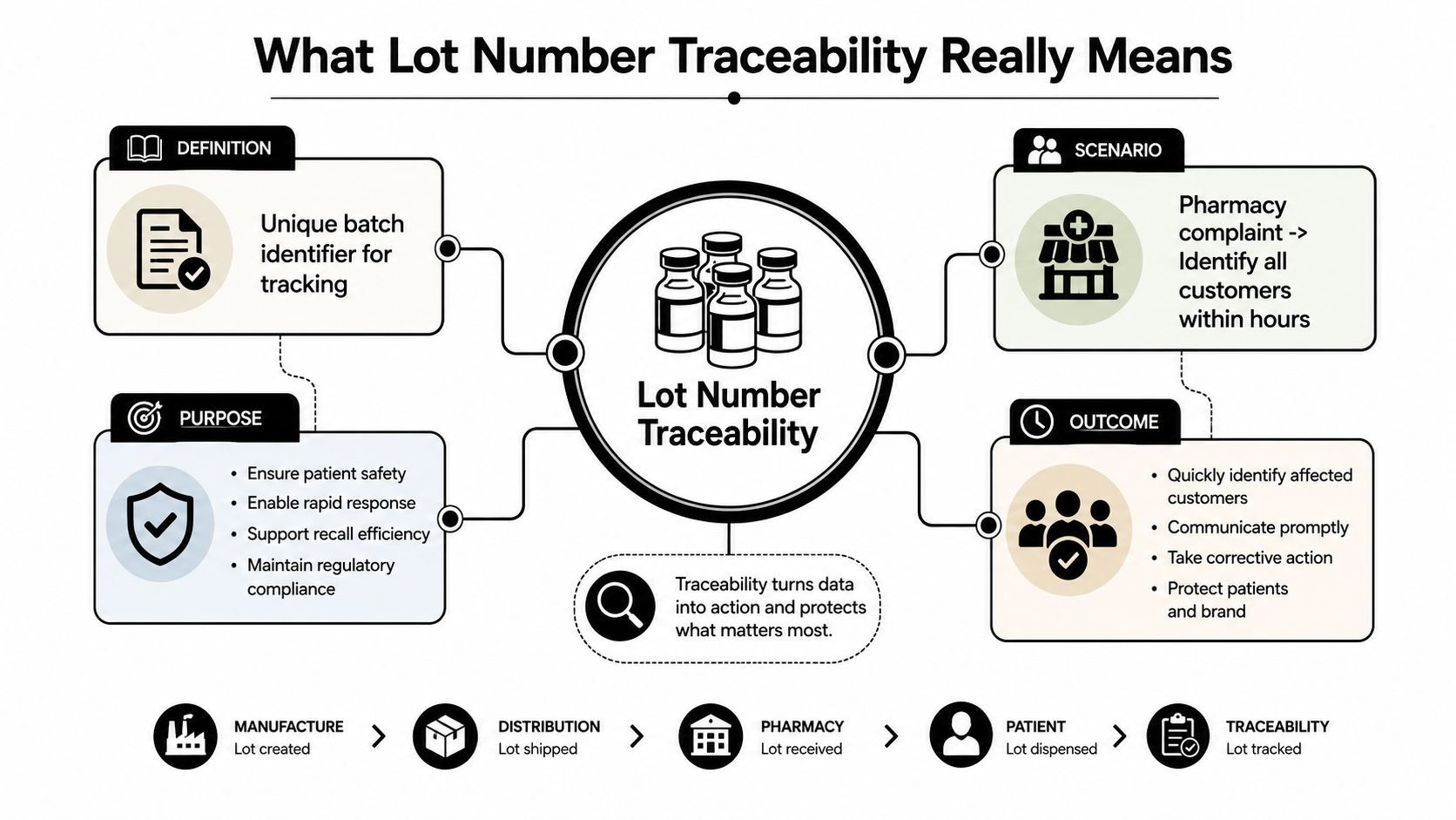 An infographic explaining lot number traceability in the pharmaceutical supply chain and its importance for safety.