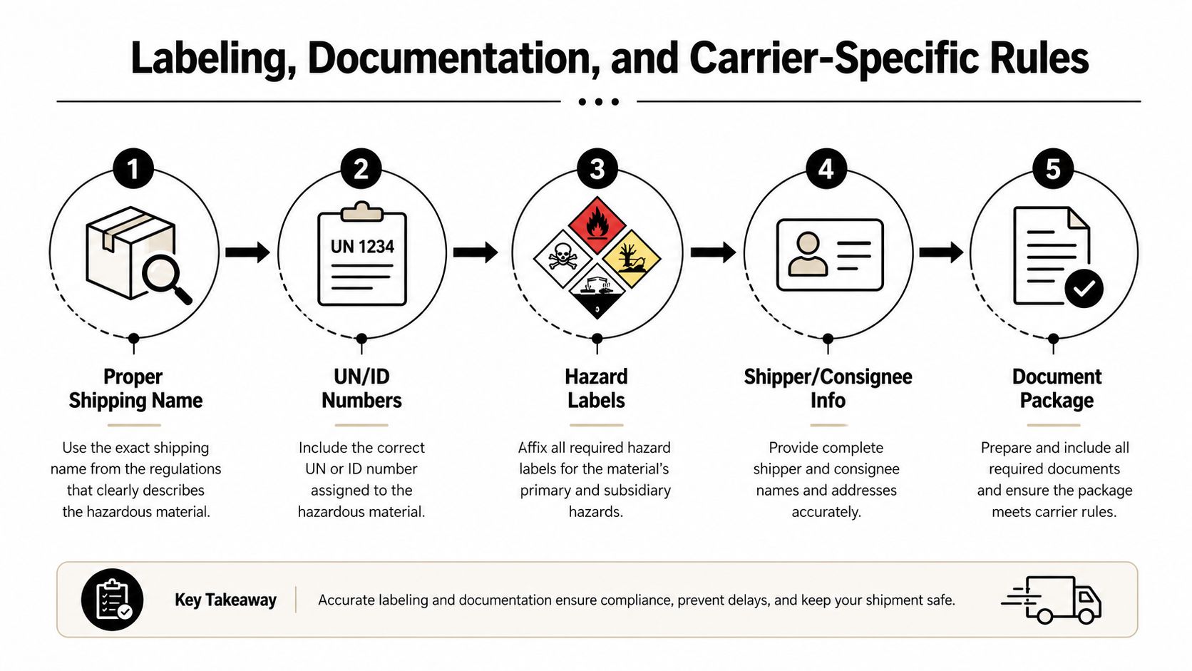 A flowchart showing five steps for labeling, documenting, and managing hazardous material shipping requirements.