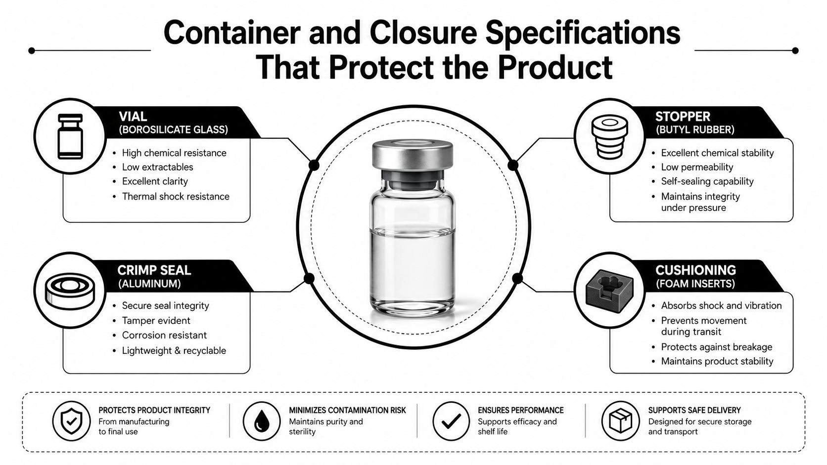 A diagram illustrating the pharmaceutical container and closure specifications, including borosilicate glass vials, rubber stoppers, and aluminum seals.