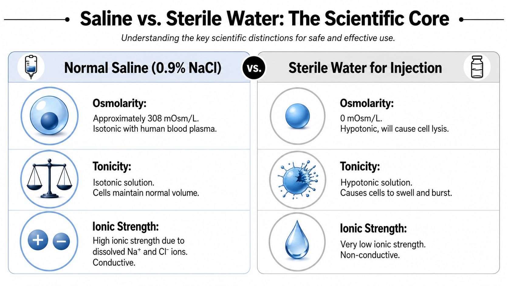 A comparison chart showing the scientific differences in osmolarity, tonicity, and ionic strength between normal saline and sterile water.