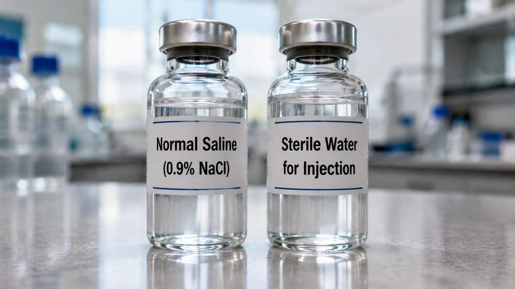 Two glass vials standing on a lab bench, one labeled Normal Saline and the other Sterile Water.