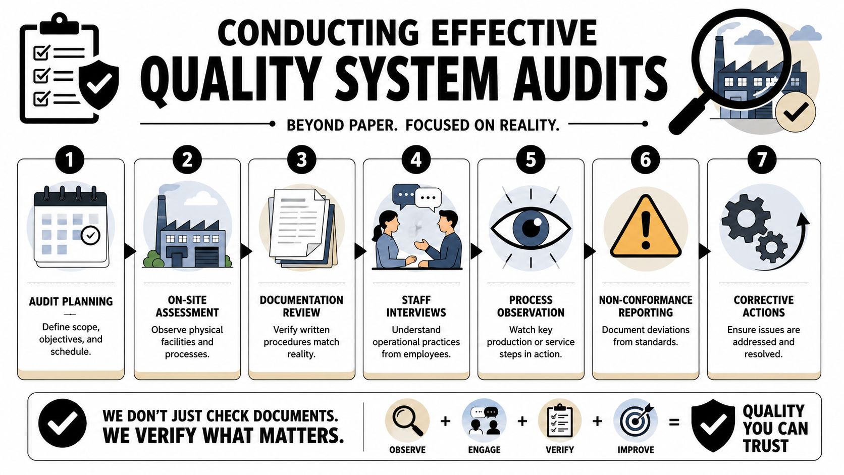 An infographic showing the seven essential steps for conducting effective quality system audits in a professional setting.
