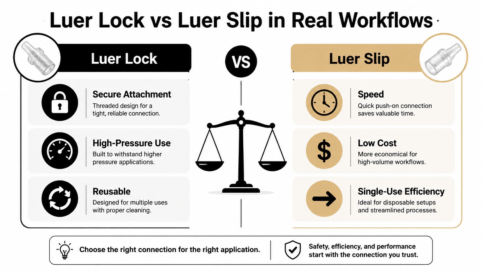 A comparison infographic between Luer Lock and Luer Slip connectors, highlighting their features, benefits, and common medical applications.