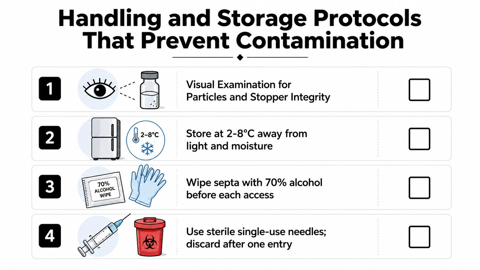 A four-step infographic illustrating essential handling and storage protocols to prevent contamination of 10 ml sterile vials.