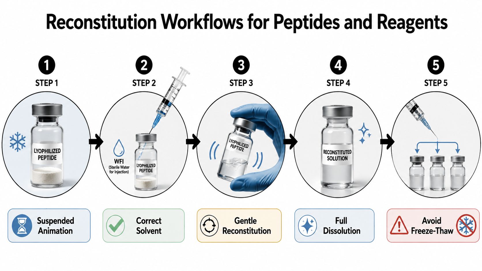 An infographic showing the five-step process for the reconstitution of lyophilized peptides using sterile water.