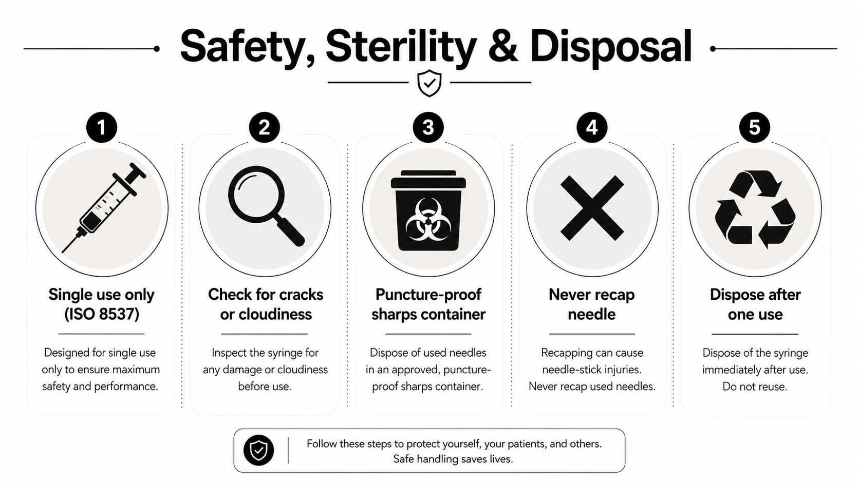 A safety infographic showing five steps for the proper handling, inspection, and disposal of medical syringes.