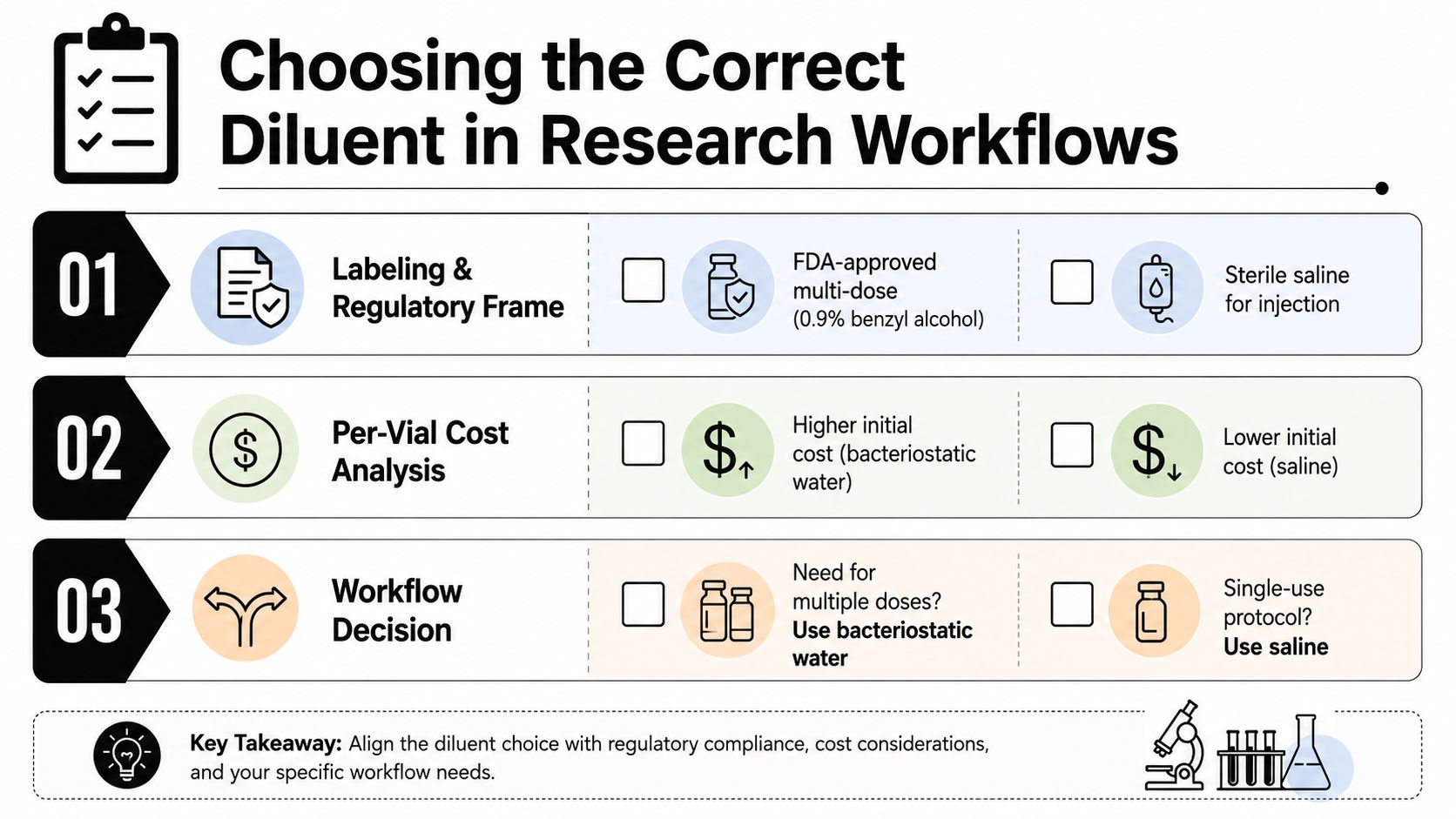 A diagram illustrating the decision-making process for choosing between bacteriostatic water and sterile saline in research.