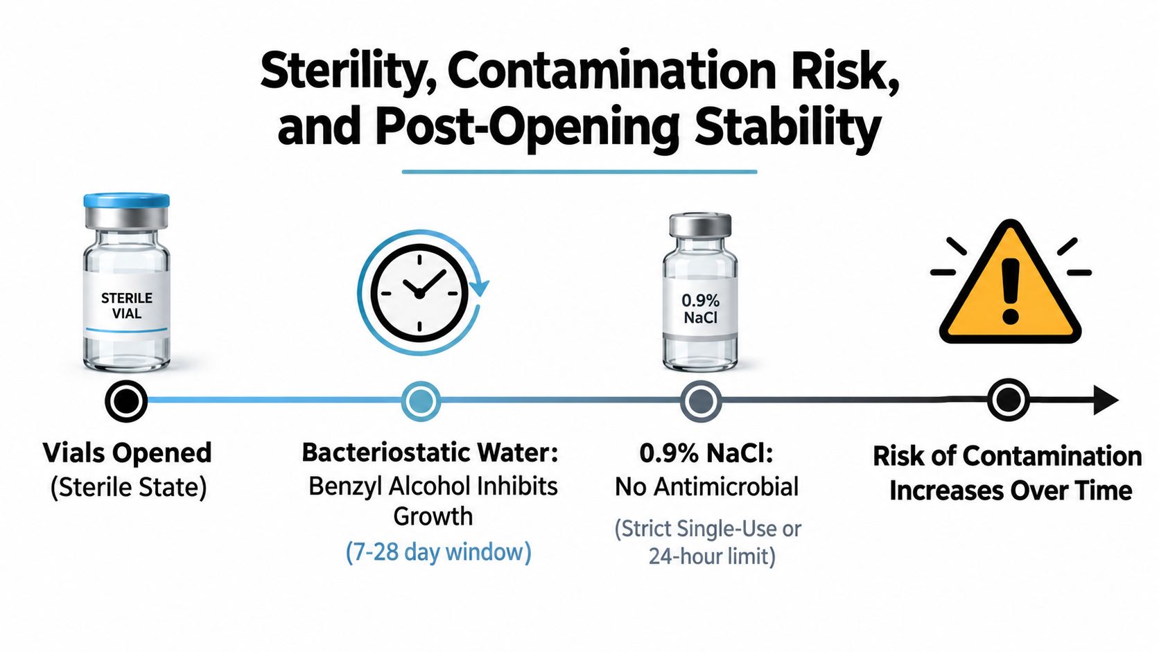 A diagram comparing the post-opening sterility and contamination risks of bacteriostatic water and normal saline vials.