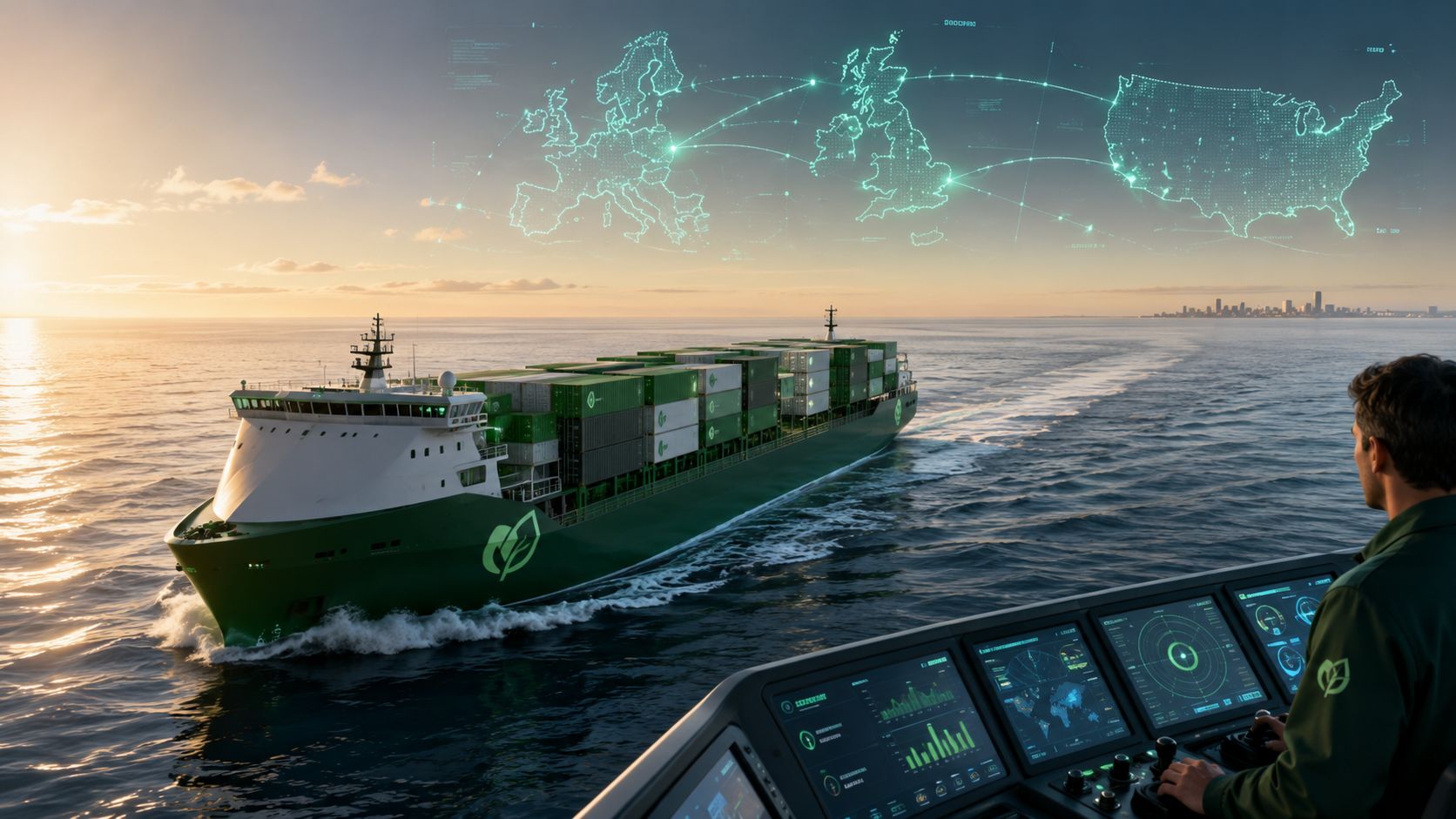 A ship operator monitors a sustainable green cargo vessel traveling at sea with digital logistics data overlay.