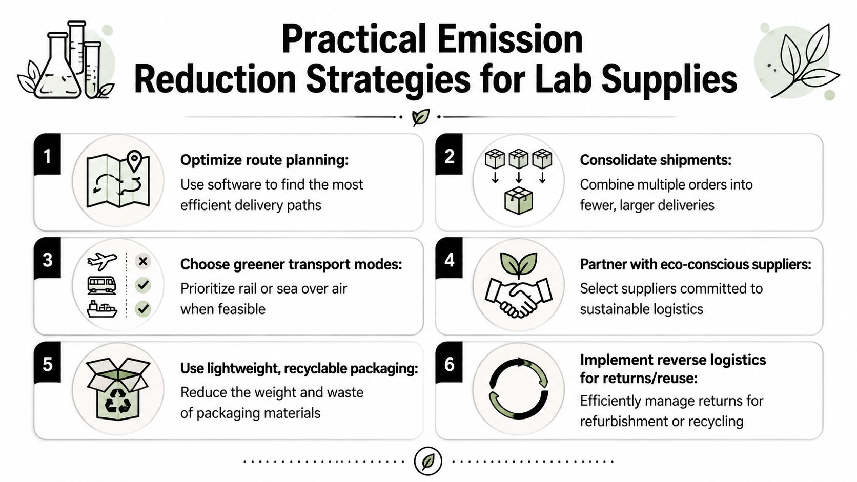 An infographic detailing six practical emission reduction strategies for managing lab supply logistics and transportation.