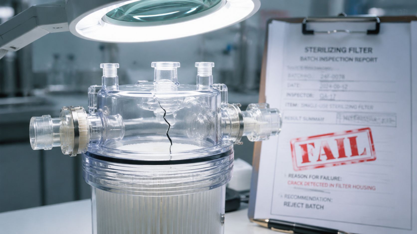 A cracked laboratory sterilizing filter unit resting on a table next to a failed inspection report form.