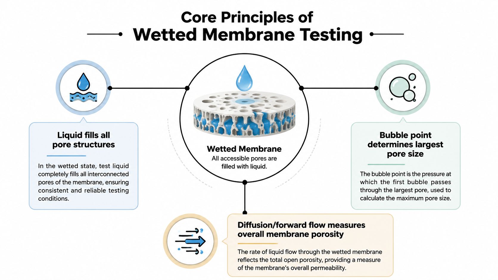 A diagram explaining the core principles of wetted membrane testing, illustrating pore filling, bubble point, and diffusion.
