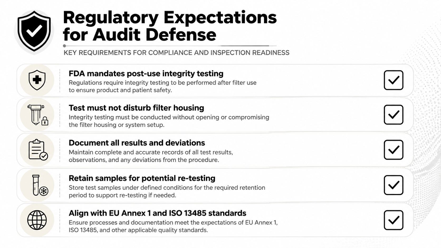 A graphic listing five regulatory requirements for filter integrity testing, focusing on compliance and inspection readiness.