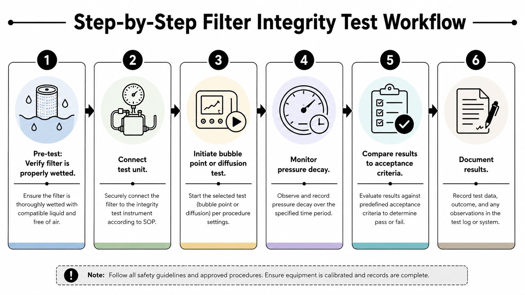 A six-step infographic workflow illustrating the procedure for conducting a filter integrity test in a laboratory.