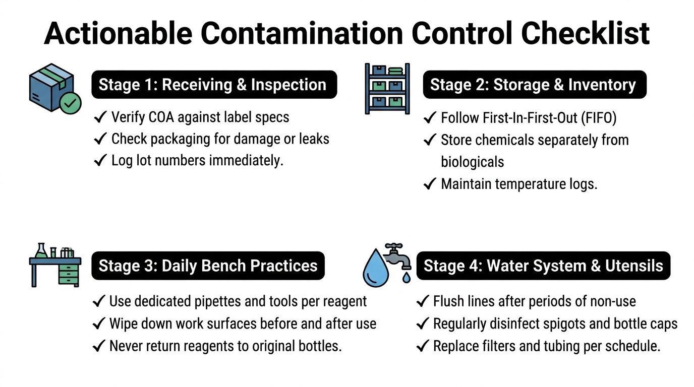 An actionable contamination control checklist detailing four stages for maintaining laboratory safety and hygiene standards.
