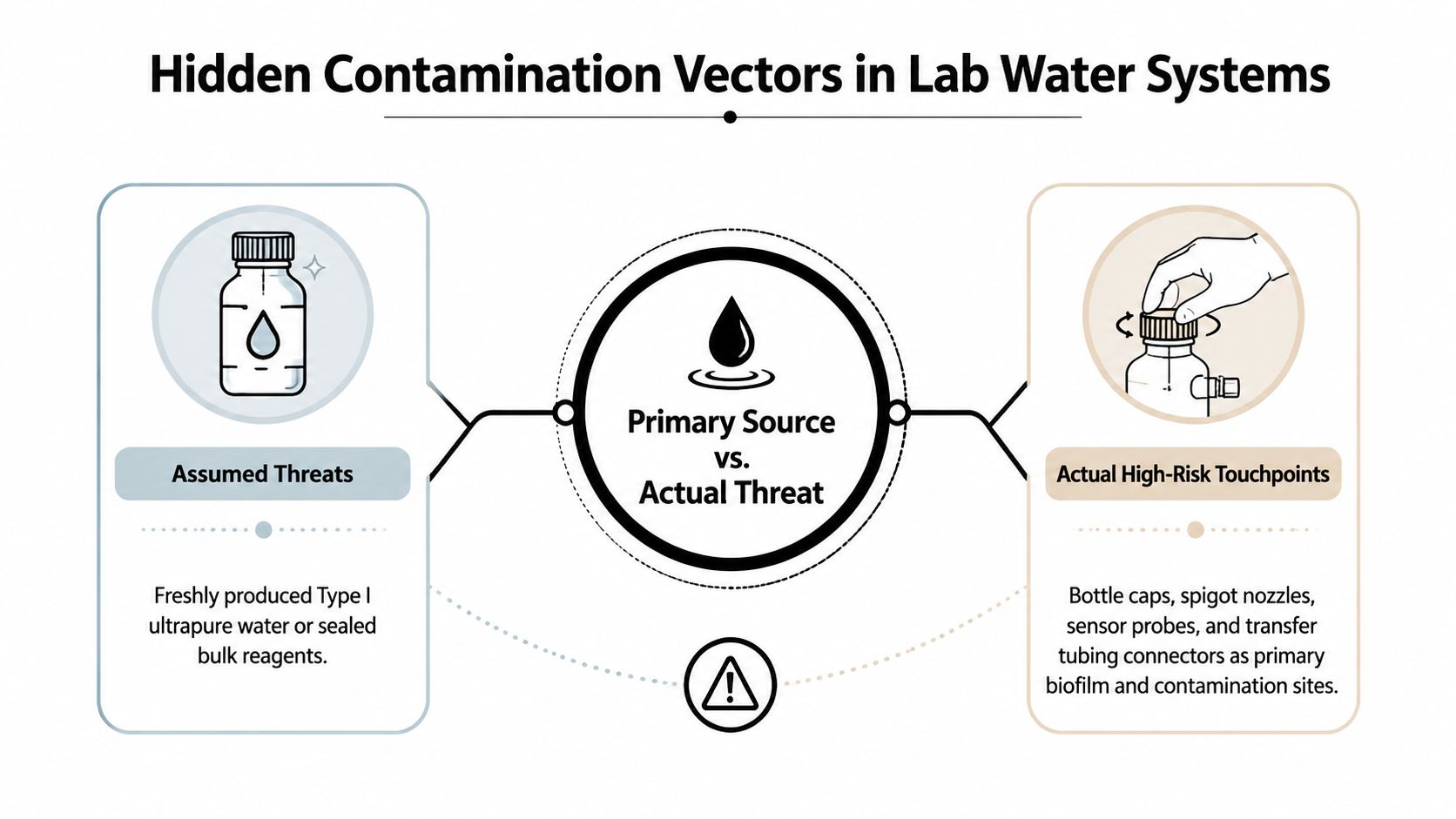 An infographic illustrating the contrast between assumed and actual contamination sources in laboratory water systems.