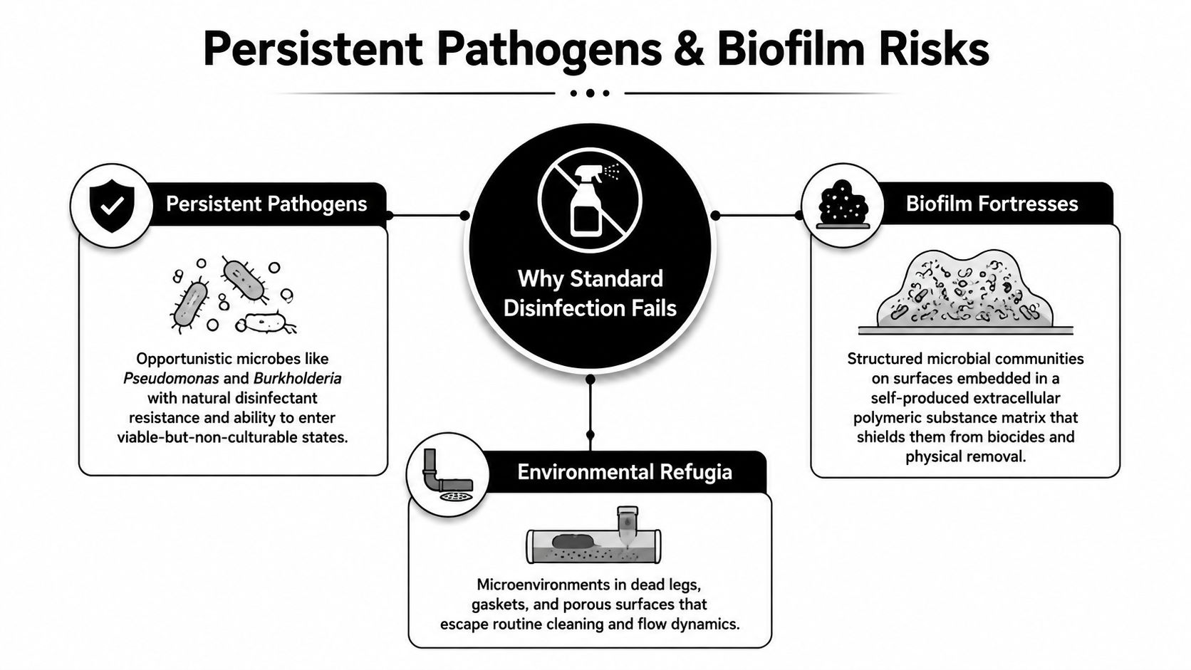 A diagram explaining why standard disinfection fails against persistent pathogens, biofilm fortresses, and environmental refugia in facilities.