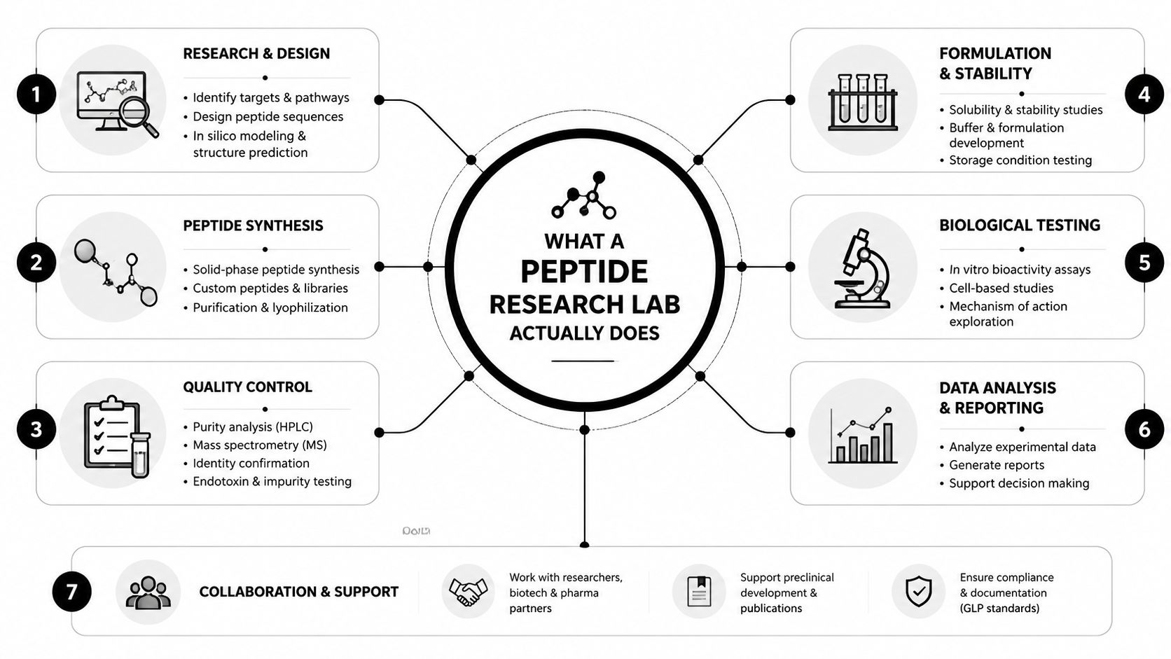 A flow chart illustrating the core research, development, and testing processes performed within a peptide research lab.
