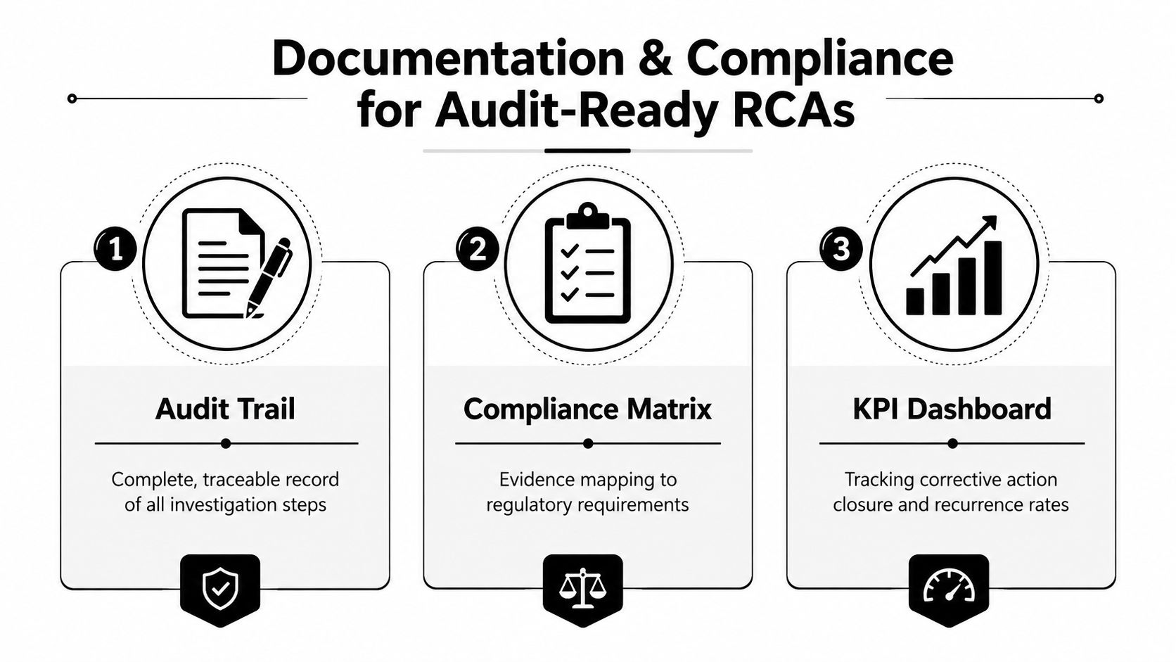 A diagram outlining three key steps for audit-ready root cause analysis: audit trail, compliance matrix, and dashboard.