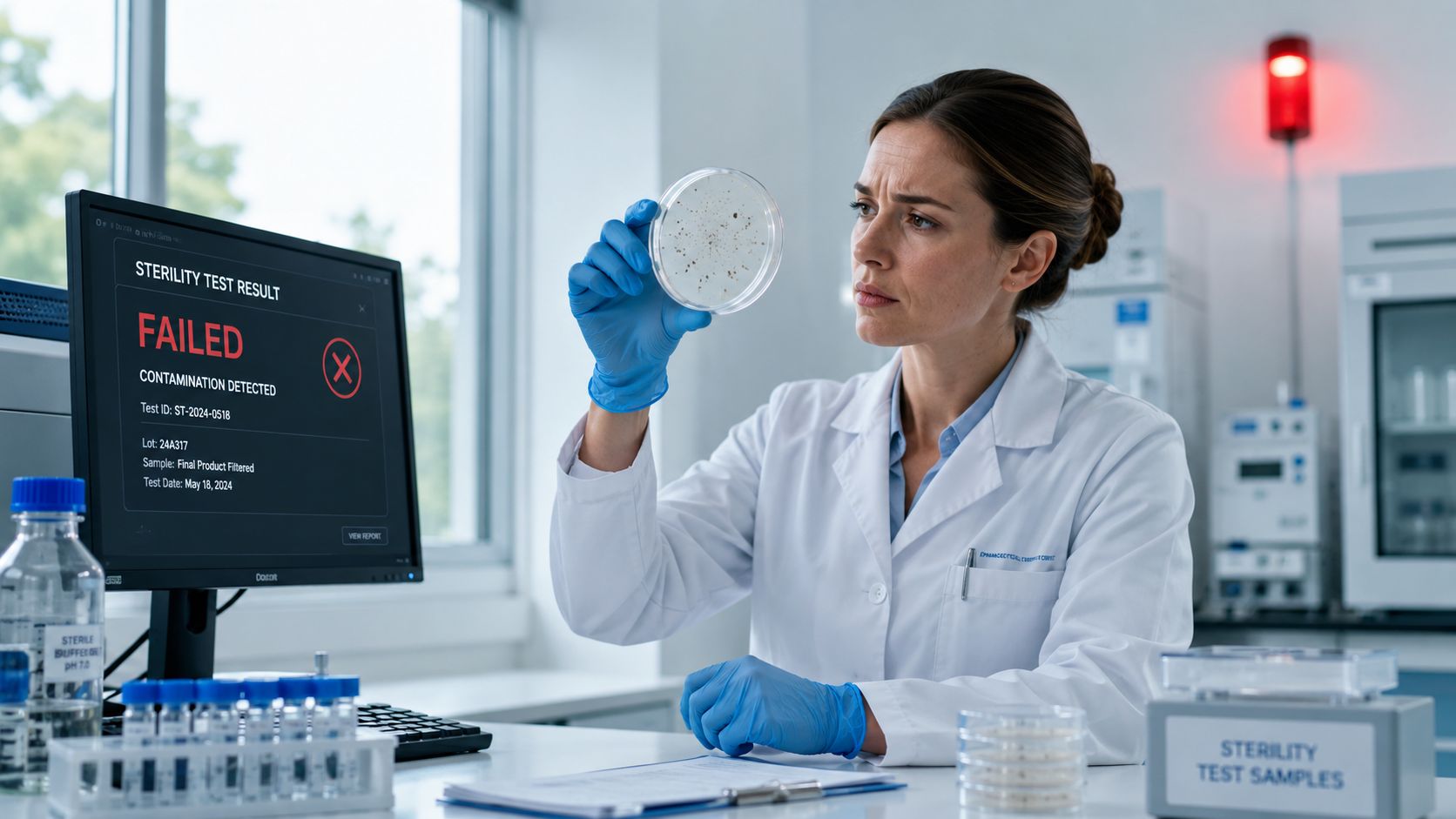 A female laboratory technician in a white coat examines a petri dish showing bacterial growth and contamination.
