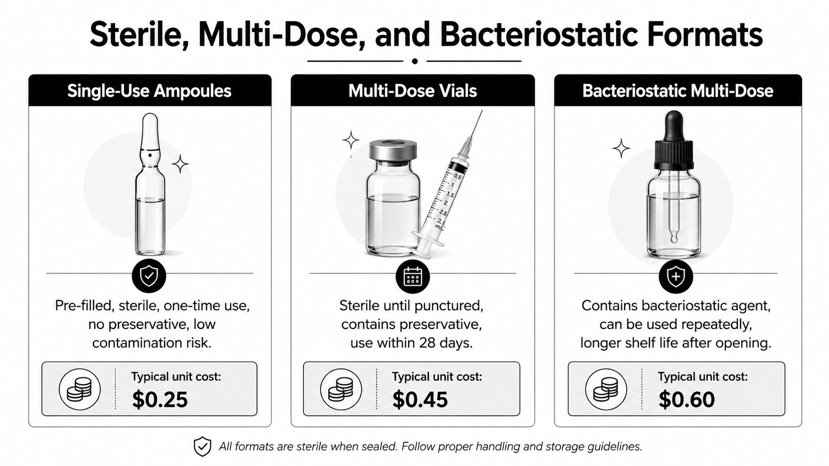 A comparison chart showing features and costs of single-use ampoules, multi-dose vials, and bacteriostatic multi-dose containers.
