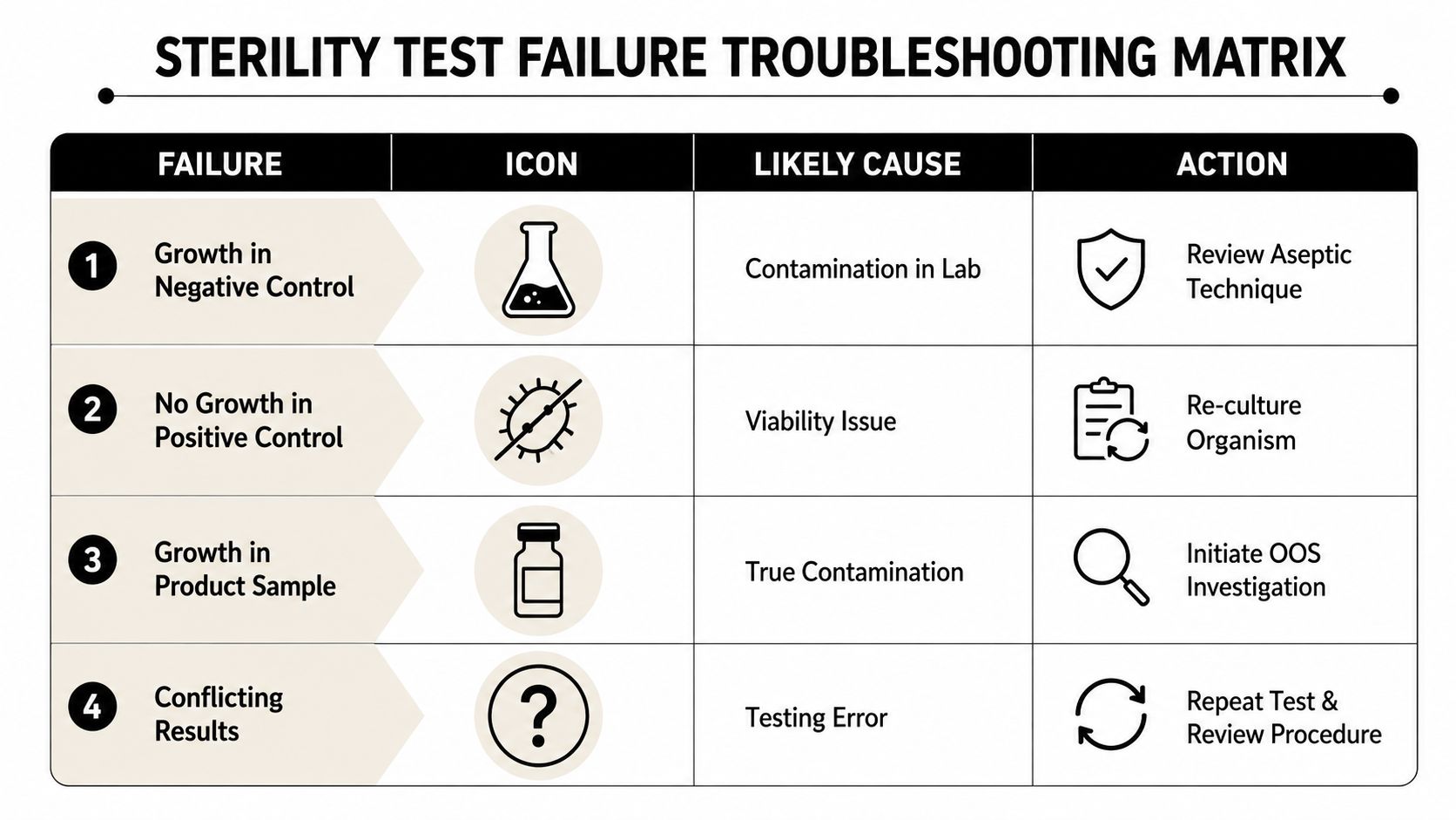 A troubleshooting matrix chart for sterility testing, outlining failure types, likely causes, and required laboratory actions.