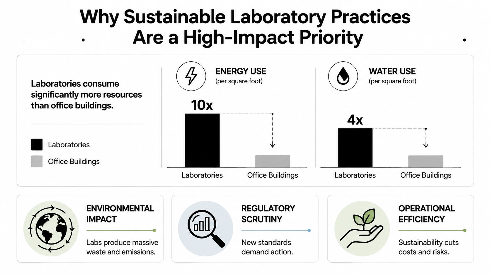 An infographic comparing the high energy and water resource consumption of laboratories versus office buildings.
