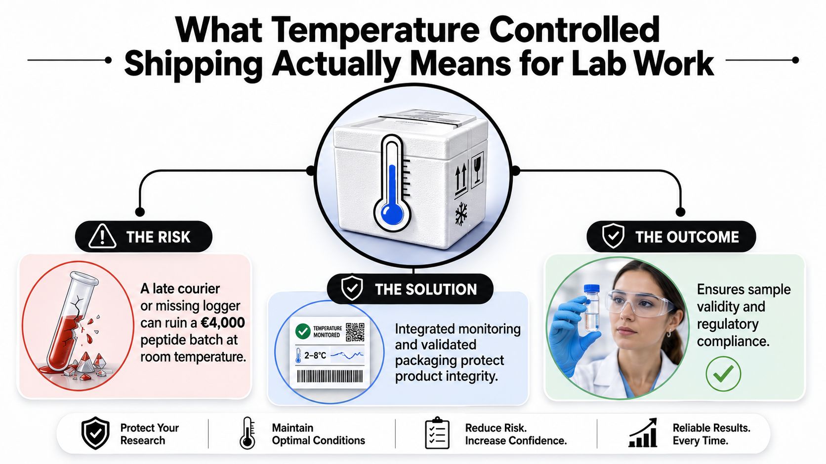 An infographic showing the risks, solutions, and outcomes of using temperature-controlled shipping for sensitive laboratory research samples.