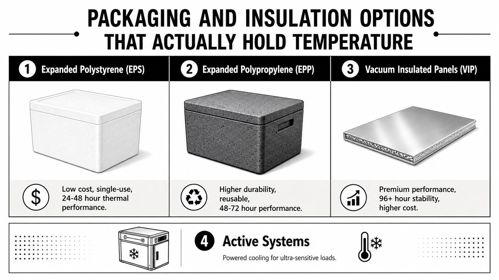 A chart illustrating four common temperature-controlled shipping packaging options including EPS, EPP, vacuum insulated panels, and active systems.