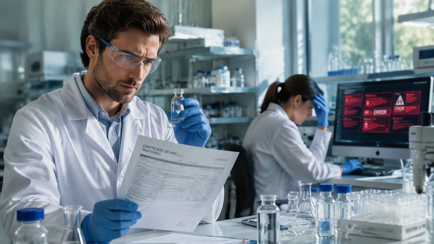 A male scientist in a laboratory reviewing a document while holding a vial, with a stressed colleague in the background.