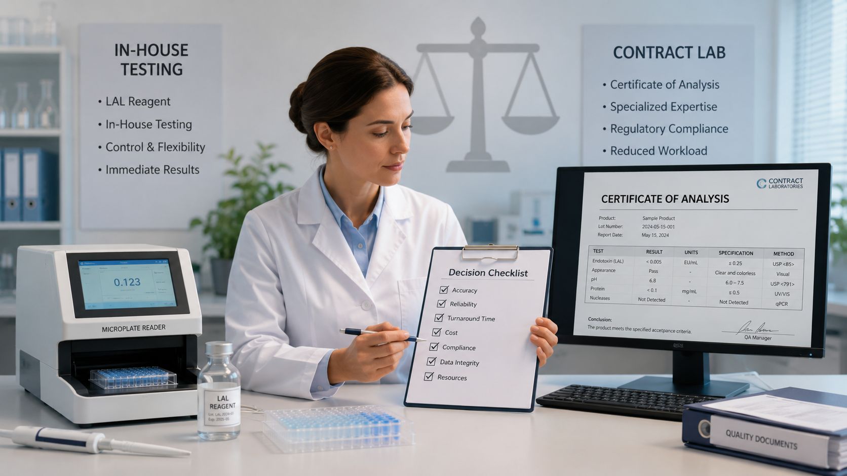 A professional scientist compares in-house testing with contract lab services for endotoxin analysis using a checklist.
