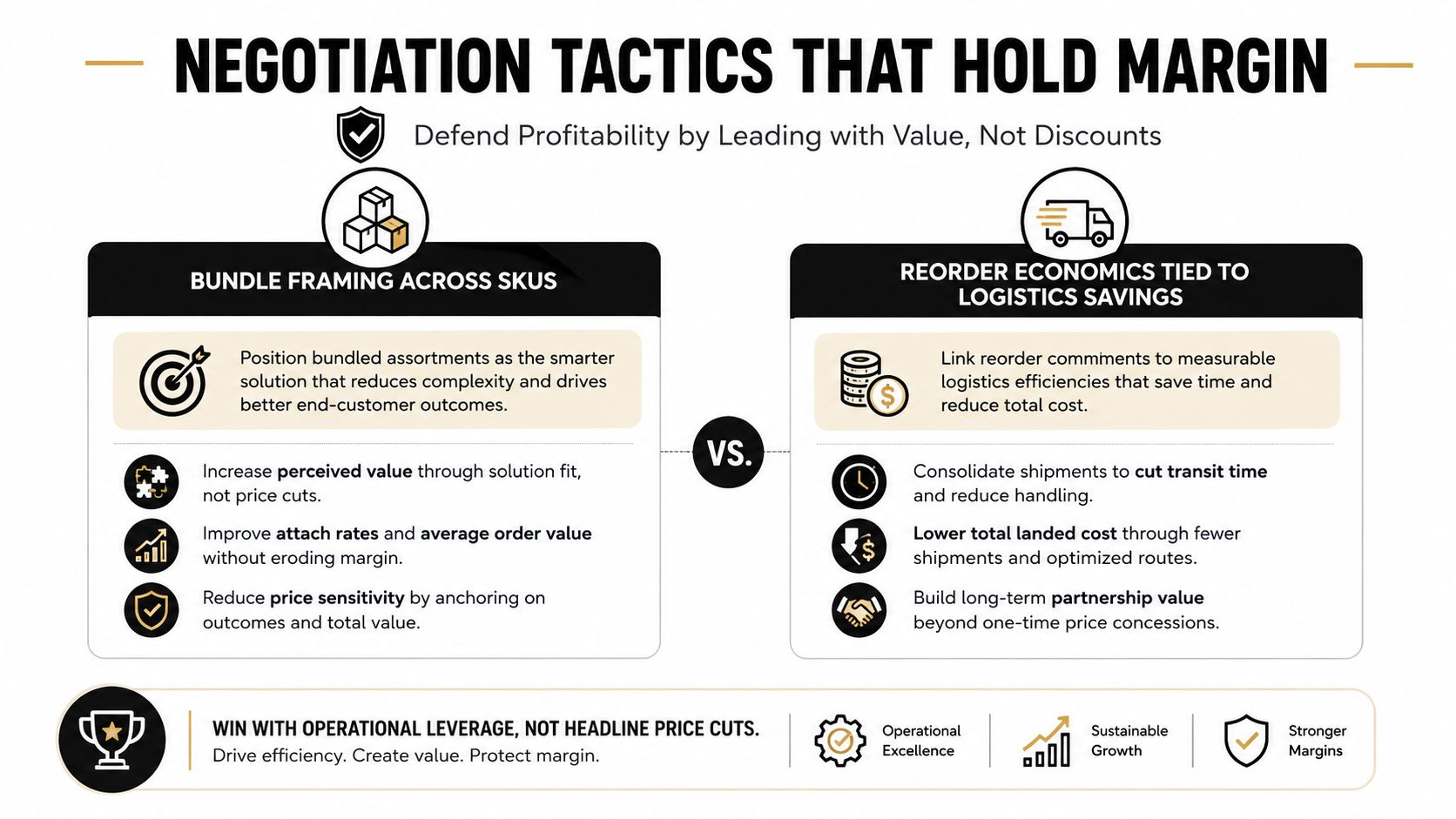 A professional infographic outlining negotiation tactics to defend profitability, such as bundle framing and logistics efficiency.