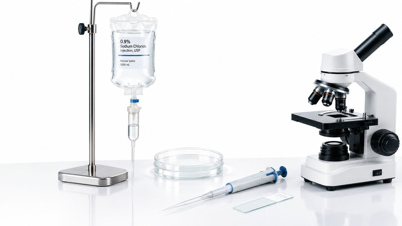 A laboratory setup featuring an IV bag of 0.9% sodium chloride, a microscope, petri dish, and pipette.