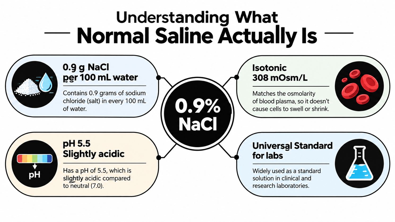 An infographic explaining the properties of 0.9% normal saline, including its composition, pH, and clinical applications.