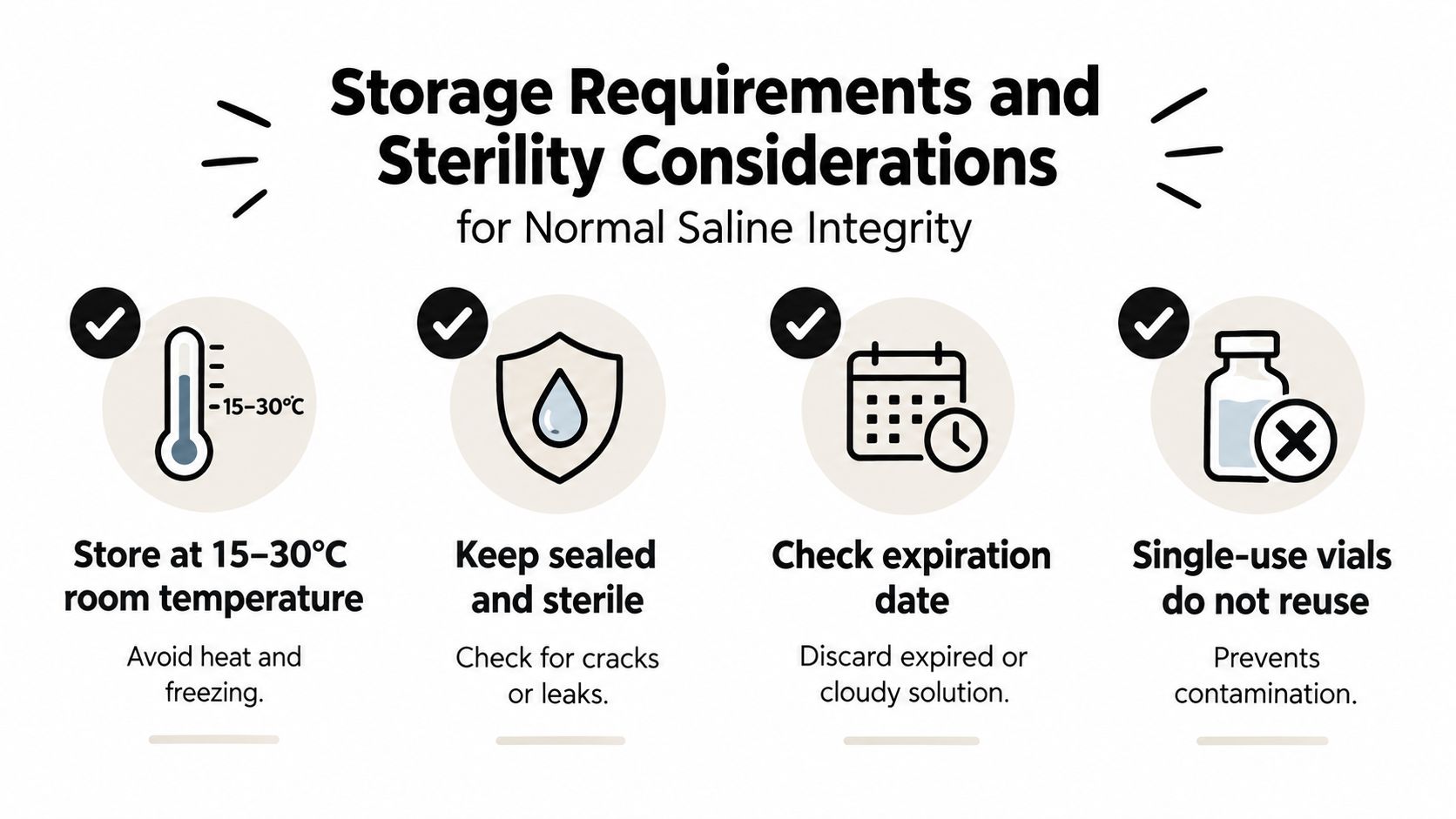An infographic showing storage and sterility requirements for maintaining the integrity of normal saline solution.